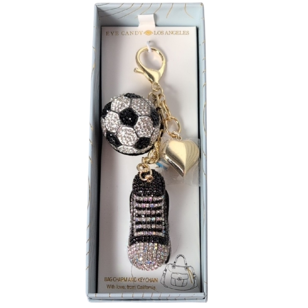 Eye Candy Los Angeles Crystal Soccer Themed Bag Charm & Key Chain - Picture 1 of 6